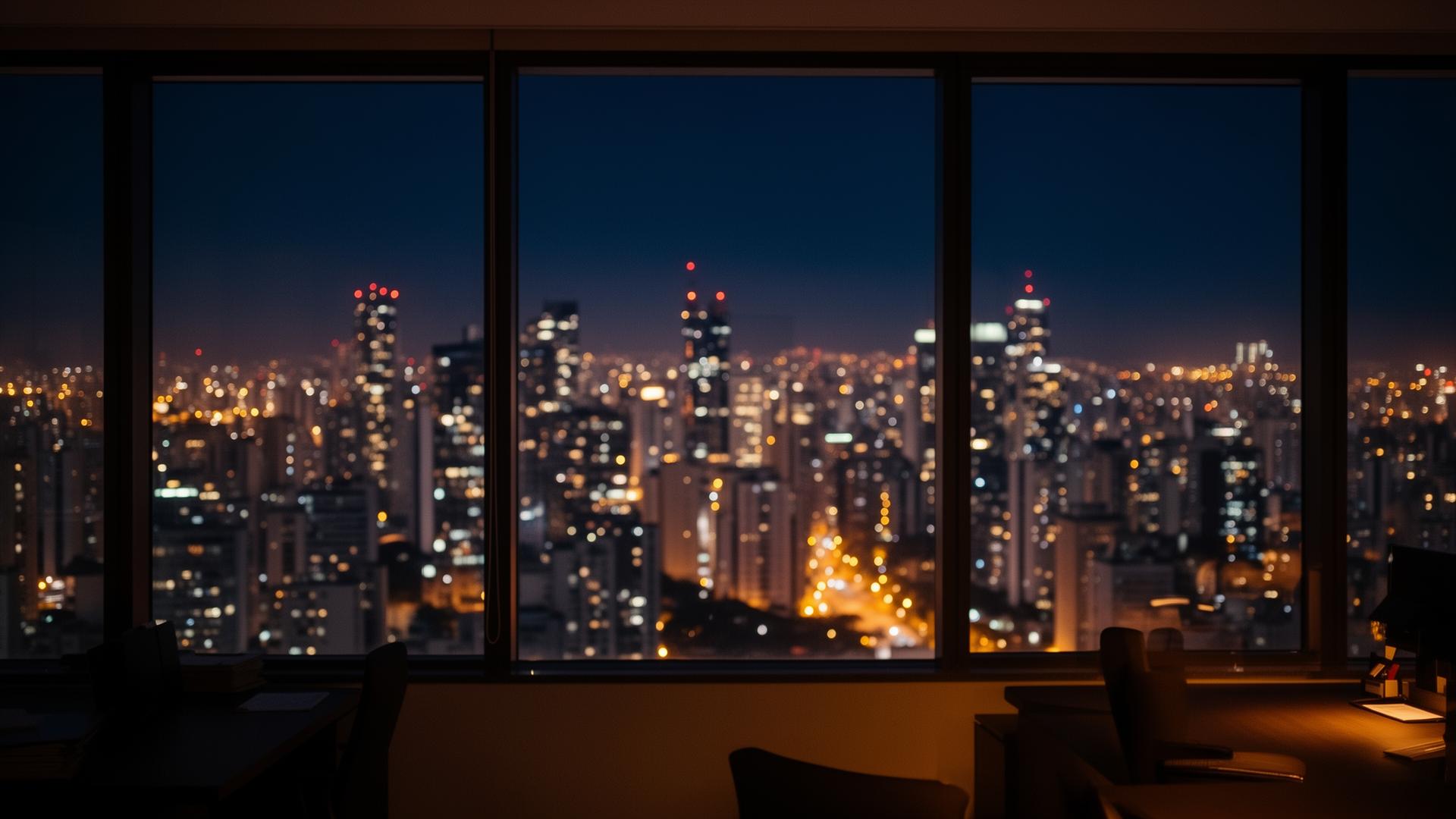 Vista noturna cinematográfica de uma cidade vista de escritório de alto padrão