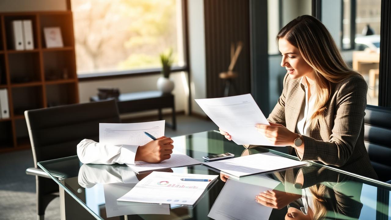 Consultora analisando documentos de crédito