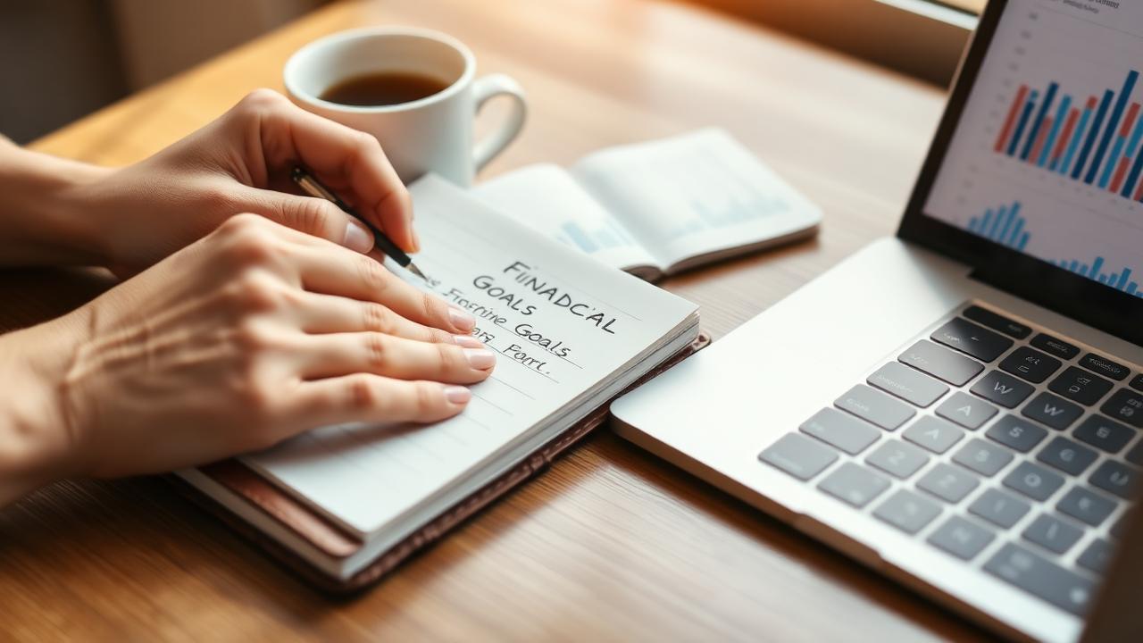 Pessoa escrevendo metas financeiras em caderno ao lado de laptop