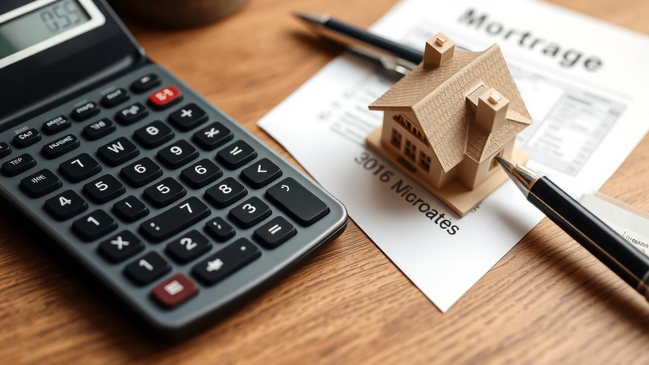 Calculadora e maquete de casa sobre documentos de financiamento