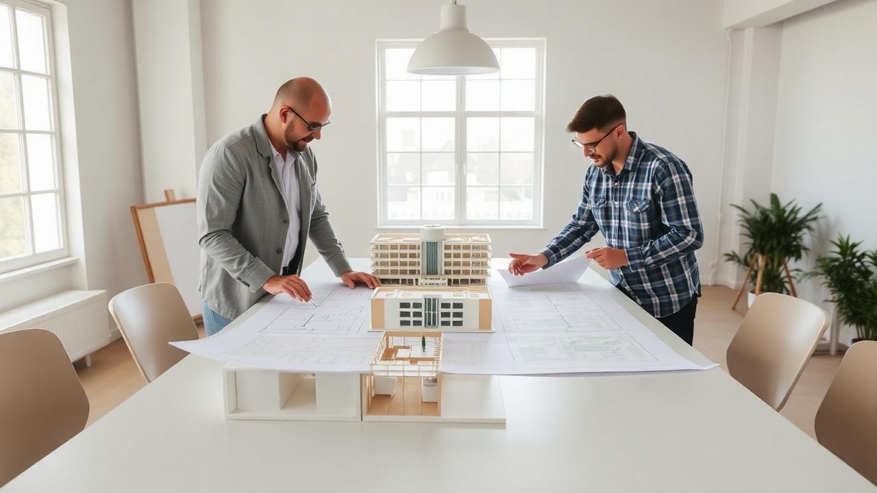 Arquitetos analisando plantas e maquete de empreendimento