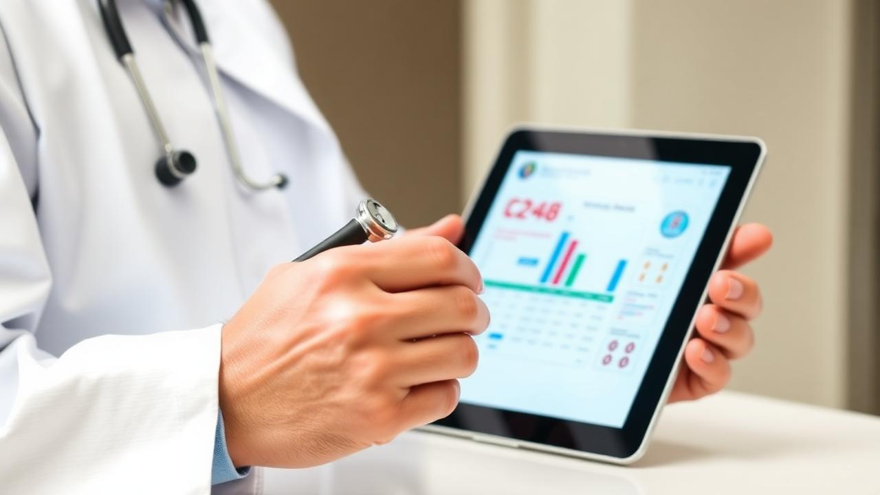 Médico analisando indicadores de saúde em tablet