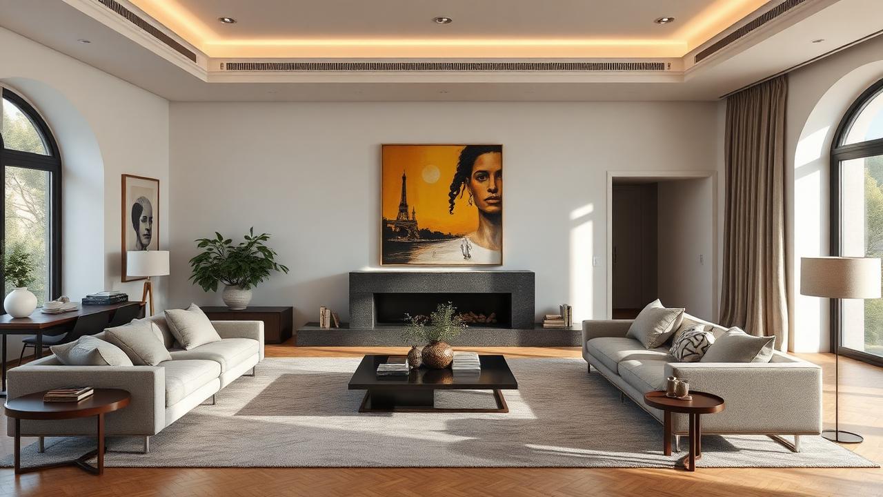 Sala de estar de alto padrão com arte e design